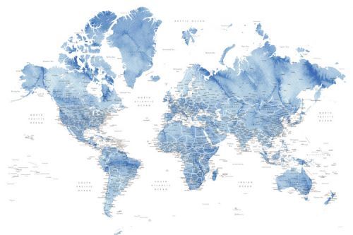 Blursbyai Mapa Watercolor world map with cities in muted blue, Vance, Blursbyai, (40 x 26.7 cm)