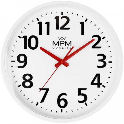 Nástěnné plastové hodiny MPM Classic s klasickým čitelným ciferníkem a s typickým školním vzhledem. Hodiny jsou vybaveny strojkem Quartz s plynulým chodem a vteřinovou ručičkou E01.4205 MPM Classic - A