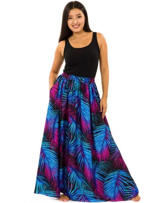Himalife Maxi sukně s kapsami Listy - tyrkysová s fialovou Velikost: S/M