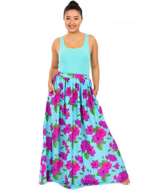 Himalife Maxi sukně s kapsami Ibišek - tyrkysová s růžovou Velikost: S/M