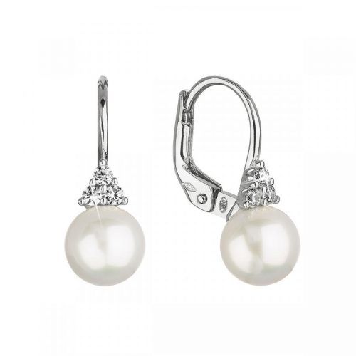 Evolution Group Zlaté 14 karátové náušnice bílé zlato s říční perlou a třemi zirkony 81P00024