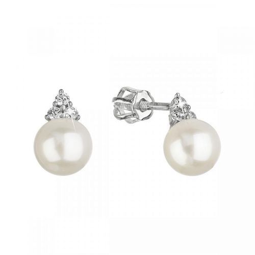 Evolution Group Zlaté 14 karátové náušnice pecky bílé zlato s říční perlou a třemi zirkony 81P00025