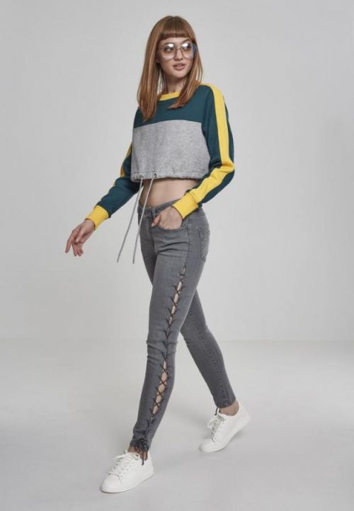 Ladies Cropped 3-Tone Stripe Crew - grey/jasper/chromeyellow S