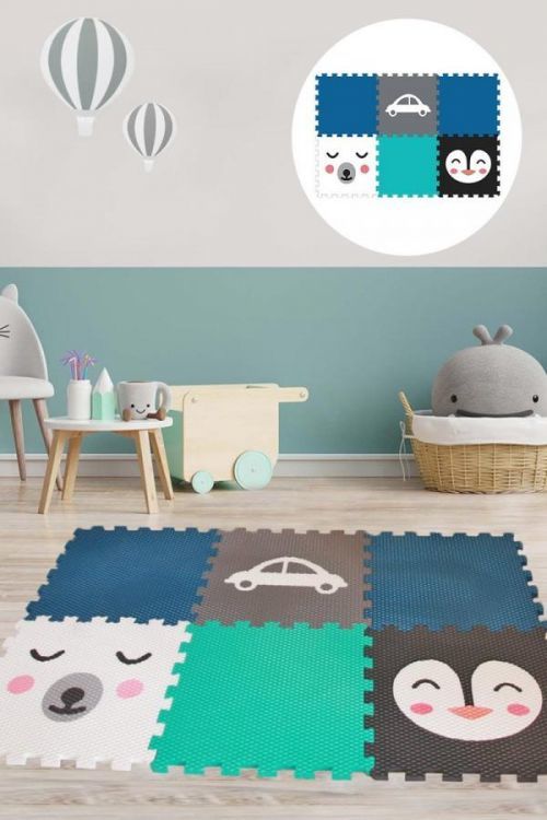 Pěnový koberec Ourbaby Bear, penguin, car obdélník puzzle 70x100 cm bílá modrá