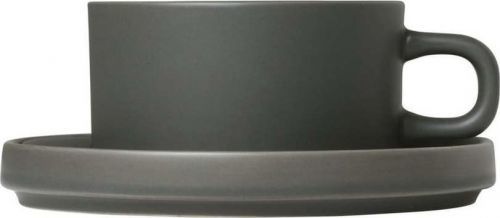 Sada 2 tmavě zelených keramických šálků na čaj s podšálky Blomus Pilar, 170 ml