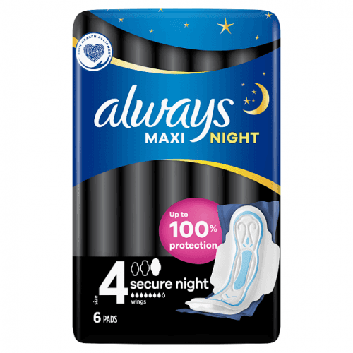 Always Maxi Secure Night Hygienické Vložky (Velikost 4) S Křidélky 6ks