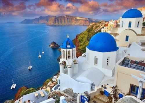 ENJOY Puzzle Santorini: Výhled s loděmi, Řecko 1000 dílků