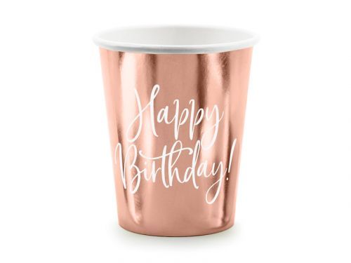 PCo Papírové kelímky - motiv Happy Birthday, rose gold 260 ml, 6ks