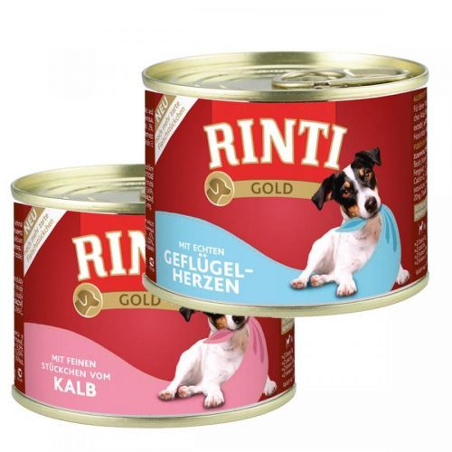 Rinti Gold Mix, Směs z drůbežích srdcí a telecích kousků, 24 × 185 g