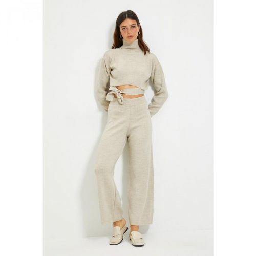 Trendyol Beige Sweater Pants Lacing Detail Knitwear Bottom-Top Set