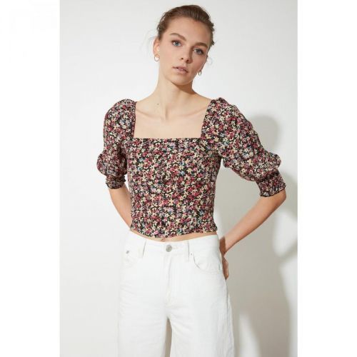 Trendyol Yellow Floral Pattern Square Neck Crop Blouse
