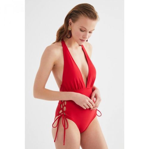Trendyol Red Tie Detailed Deep V Neck Swimsuit