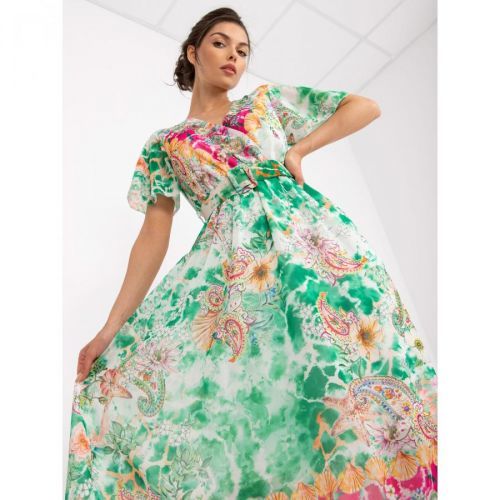 Green midi dress with prints and short sleeves