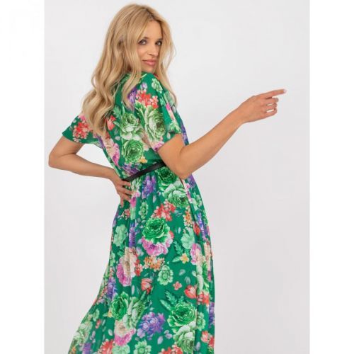 Green pleated midi dress with floral prints