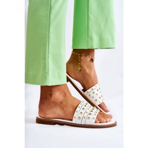 Women's Leather Slippers With Decoration White Brien