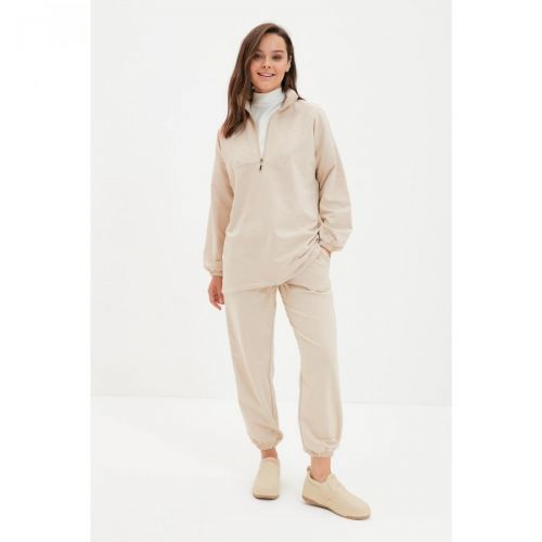 Trendyol Beige Zippered Stand Up Collar Knitted Both Smoked Tracksuit Set