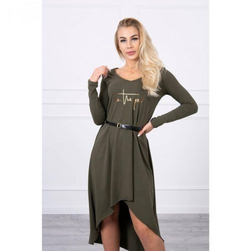 Dress with a decorative belt and an inscription khaki