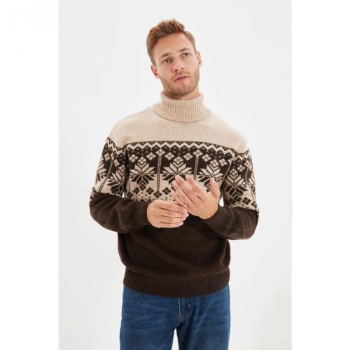 Trendyol Beige Men's Slim Fit Turtleneck Jacquard Paneled Knitwear Sweater