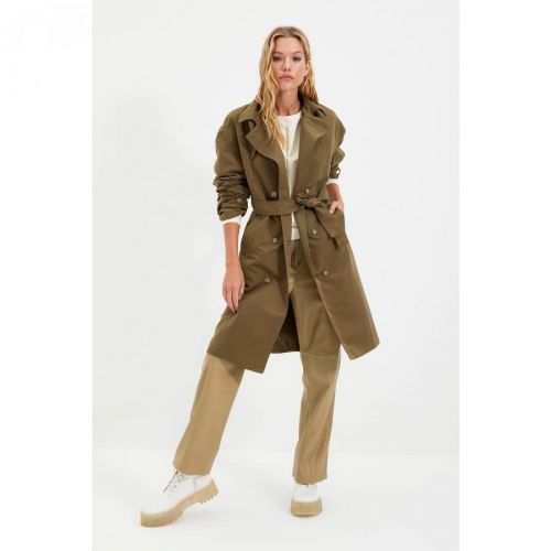 Trendyol Khaki Belted Button Closure Long Trench Coat With Water Repellent Feature