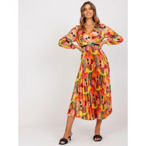 Orange pleated dress with colorful patterns