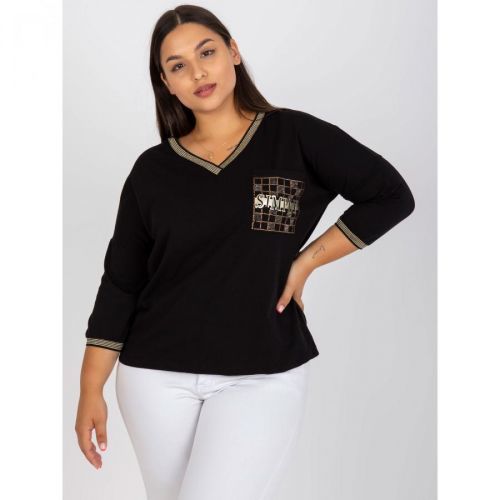 Black, everyday plus size blouse with a rhinestones applique