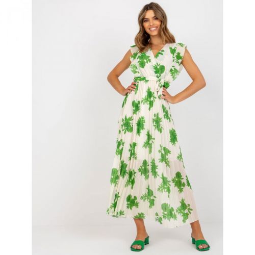 Long, beige and green dress with prints and a belt