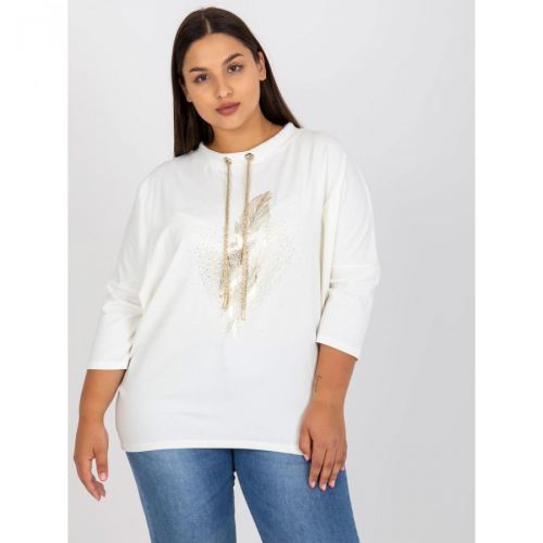 Plus size white cotton blouse with a print and an appliqué