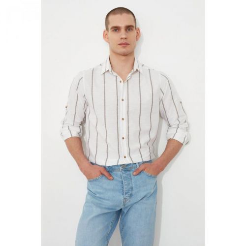 Trendyol Khaki Men's Slim Fit Shirt Collar Epaulette Striped Shirt