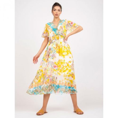 Yellow midi dress with prints and an envelope neckline