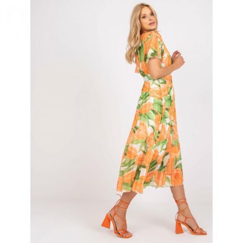 One size floral pleated dress in orange and green