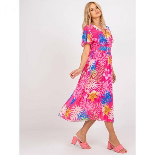 Pink pleated midi dress with tropical prints