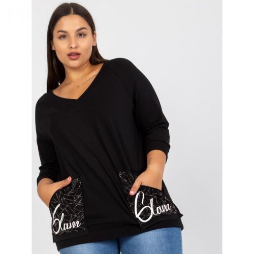 Black plus size cotton blouse with pockets