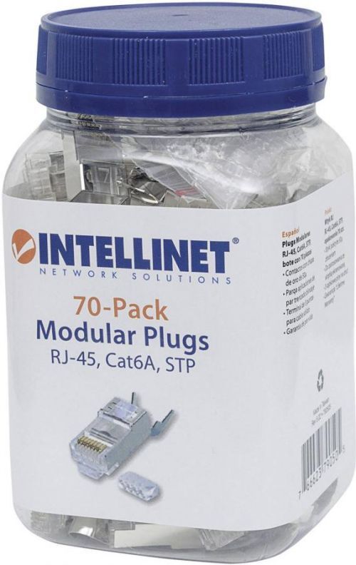Intellinet  Intellinet 70 ks Cat6A modulární zástrčky RJ45 pro Line STP 3-bodový žíla kontakty pro lanka i plné vodiče 70 zástrčka na 50 polohám pozlacené kontakty 790505 krimpovací kontakt   Počet pó