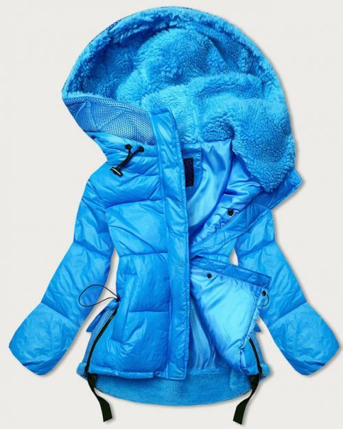 Světle modrá krátká zimní dámská bunda s kapucí (JIN211) - S (36) - modrá