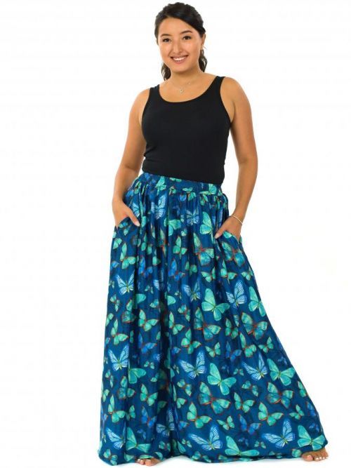 Himalife Maxi sukně s kapsami Motýli - modrá s tyrkysovou Velikost: S/M