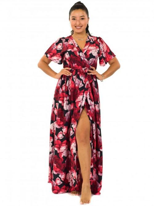 Himalife Dlouhé zavinovací šaty Pivoňka - černá s červenou Velikost: S/M