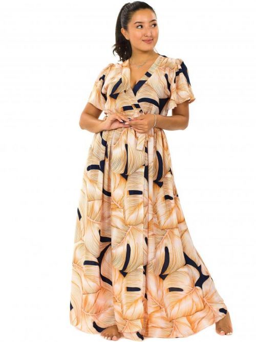 Himalife Dlouhé zavinovací šaty Monstera - tmavě modrá se zlatou Velikost: S/M