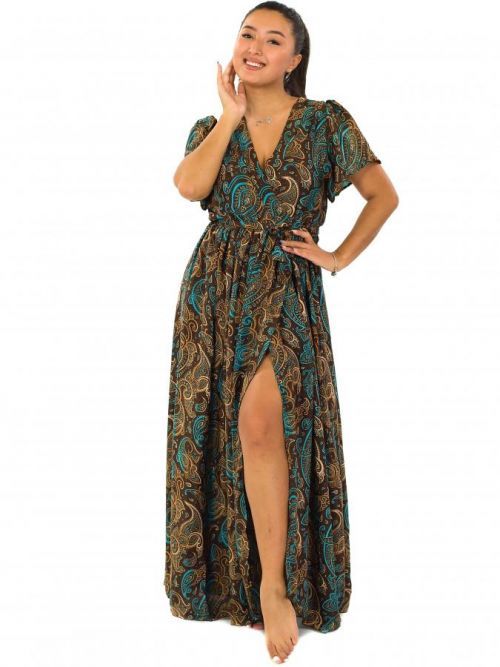 Himalife Dlouhé zavinovací šaty Siera - hnědá s tyrkysovou Velikost: S/M