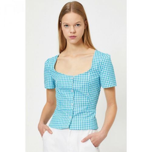 Koton Women's Turquoise White Plaid Blouse