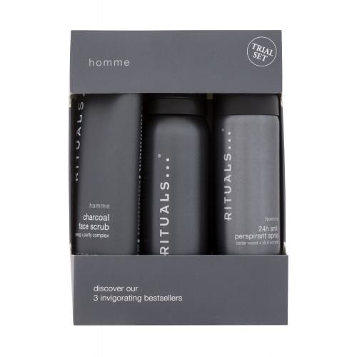 Rituals Homme 3 Invigorating Bestsellers dárková kazeta pro muže sprchová pěna Homme 50 ml + antiperspirant Homme 50 ml + pleťový peeling Homme 70 ml