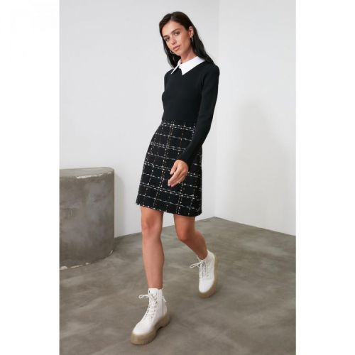 Trendyol Black Tweed Shirt Collar Dress