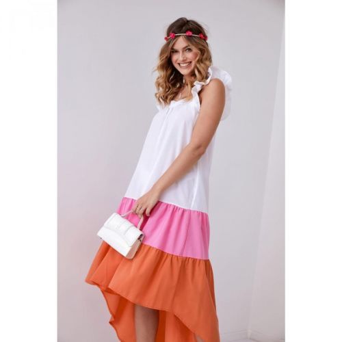 Summer dress with straps with a longer back, pink and orange