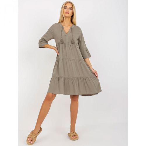Khaki viscose dress with a frill and a V-neck