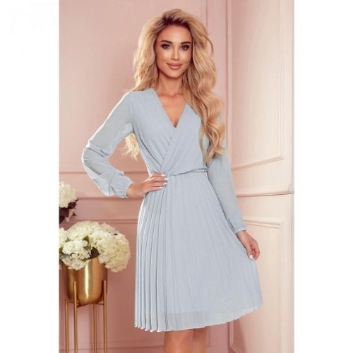 313-11 ISABELLE Pleated dress with a neckline and long sleeves - GRAY
