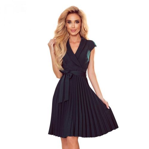 385-3 WENDY Pleated dress with an envelope neckline - BOTTLE GREEN