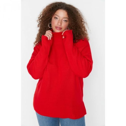 Trendyol Curve Red Turtleneck Low Shoulder Knitwear Sweater