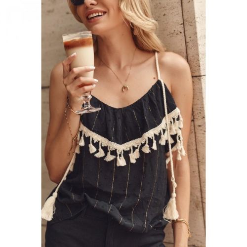 Black boho blouse with tassels on the straps
