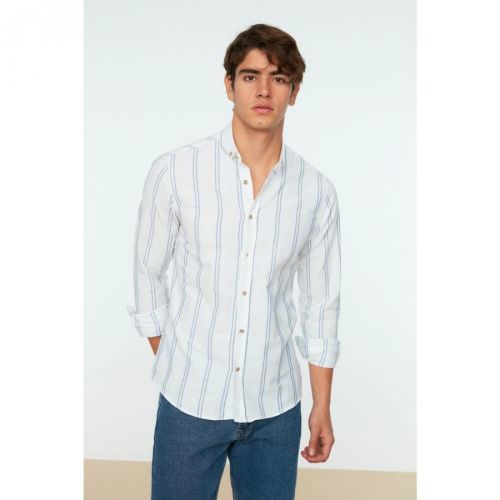 Trendyol White Men's Slim Fit Buttoned Collar Slim Striped Shirt