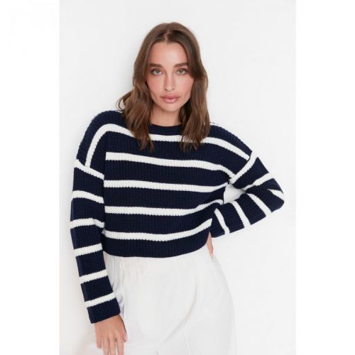 Trendyol Navy Blue Crop Striped Knitwear Sweater