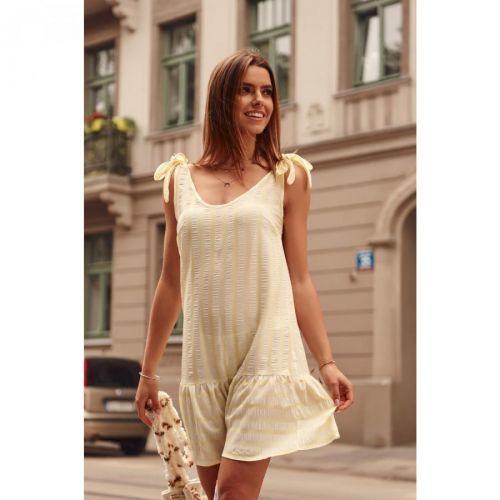 Yellow striped summer dress on the shoulders